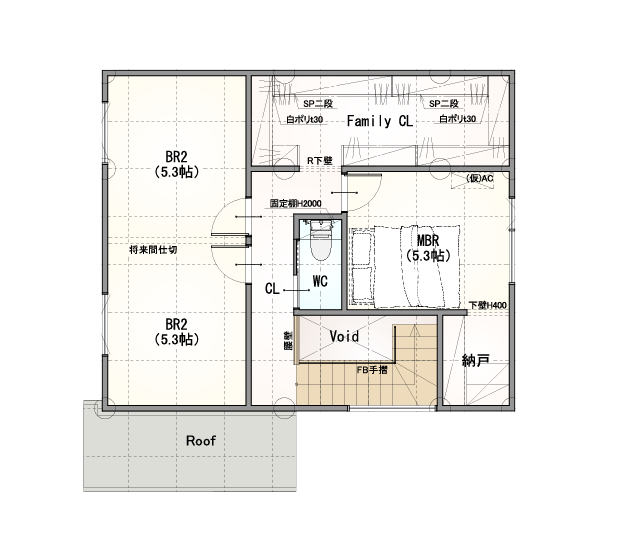 回遊でつながるグレージュの家の間取り（2F）