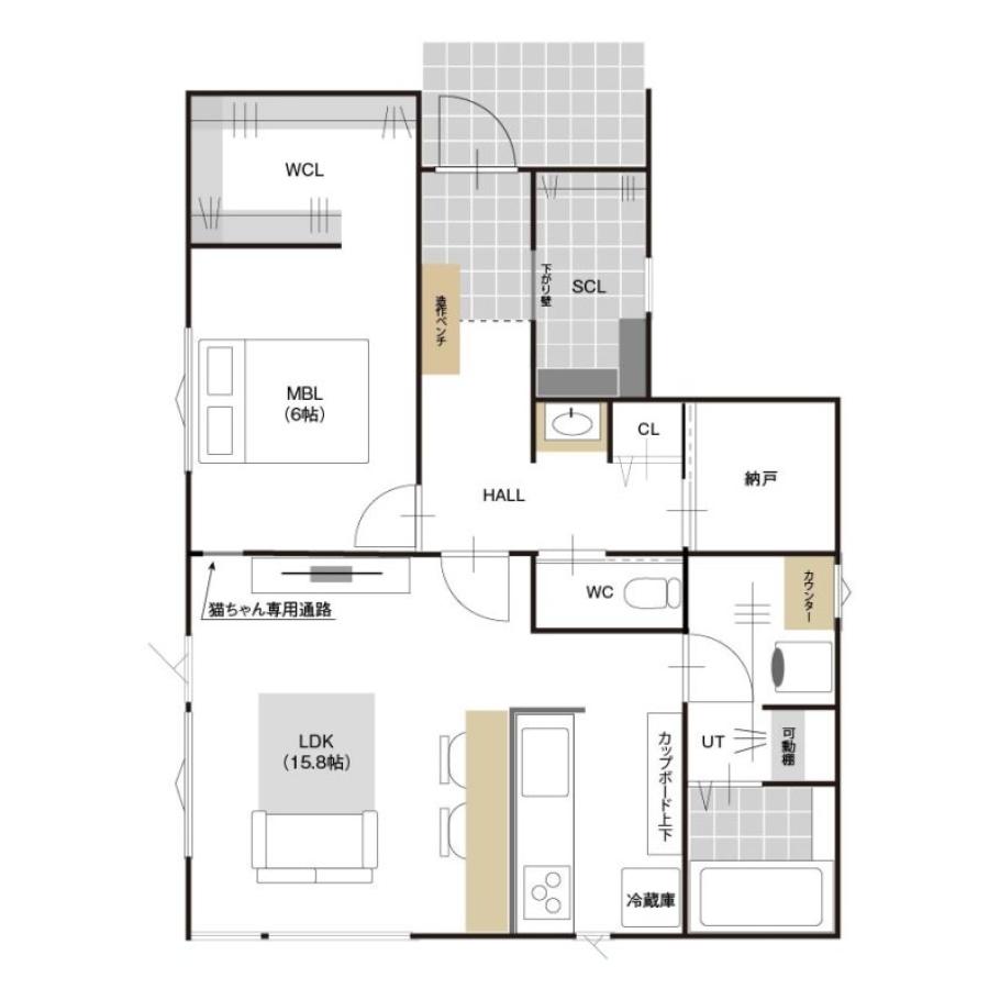 3匹の猫と暮らす、自然換気の優しい平屋の間取り(1F)