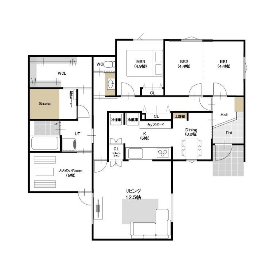 サウナ好きのための平屋 完成見学会の間取り（1F）