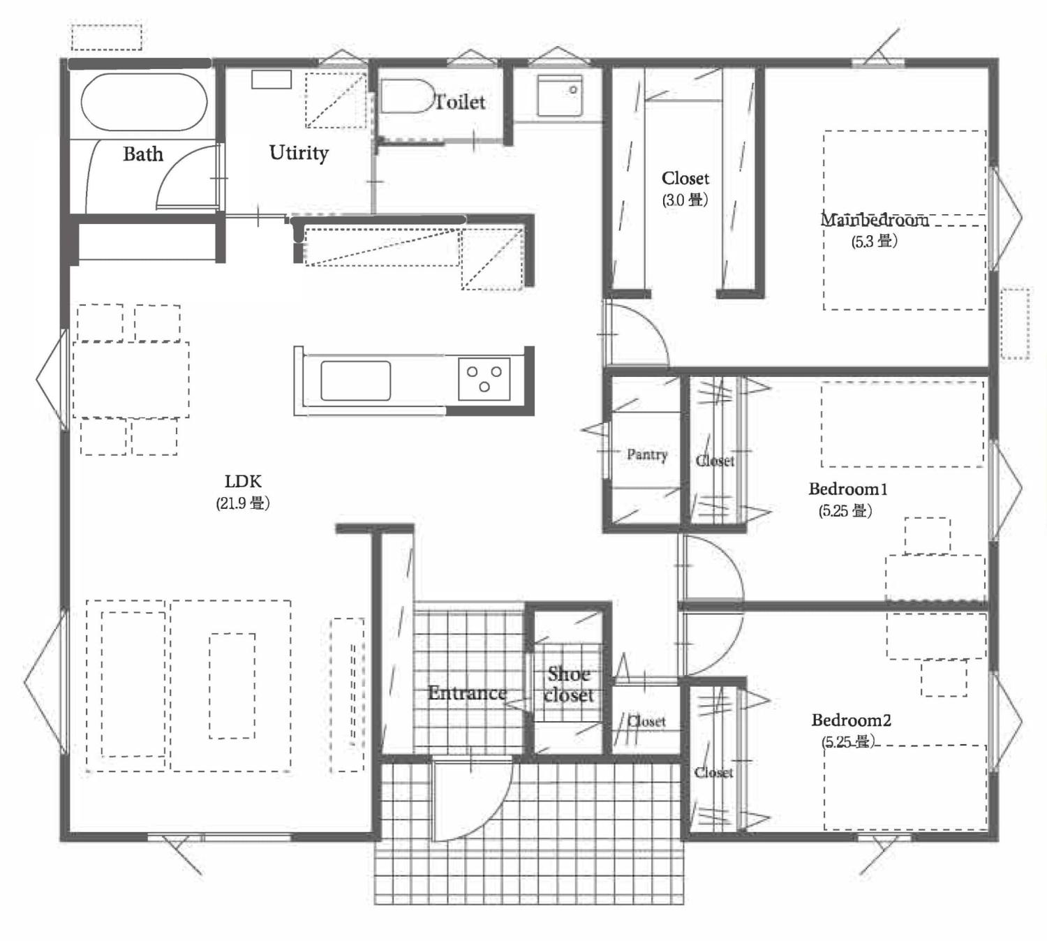 【3～4人家族向け】プライバシー空間を確保した大きなリビングの家