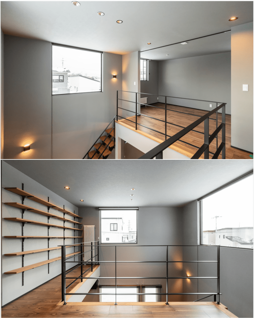 リビング階段を上がった2階ホール壁面には可動式の棚