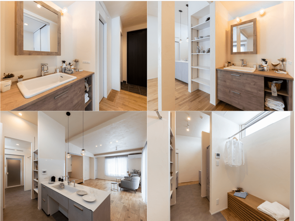 玄関に入ると洗面室とキッチン、リビングとつながっていて移動しやすい間取りの平屋建てZEH住宅