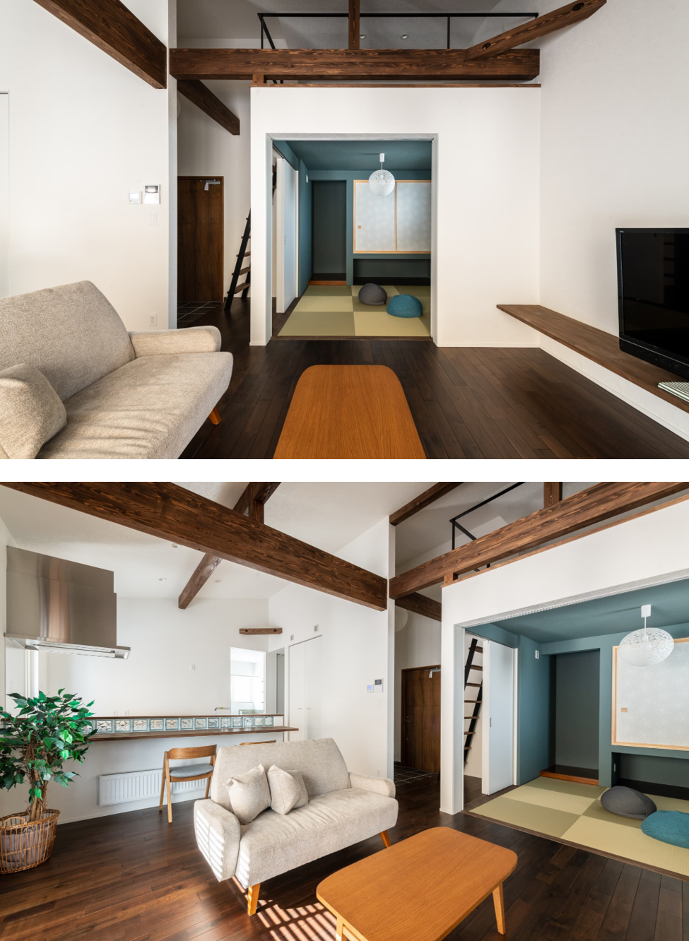 アクセントクロスに鮮やかなブルーを採用した和室